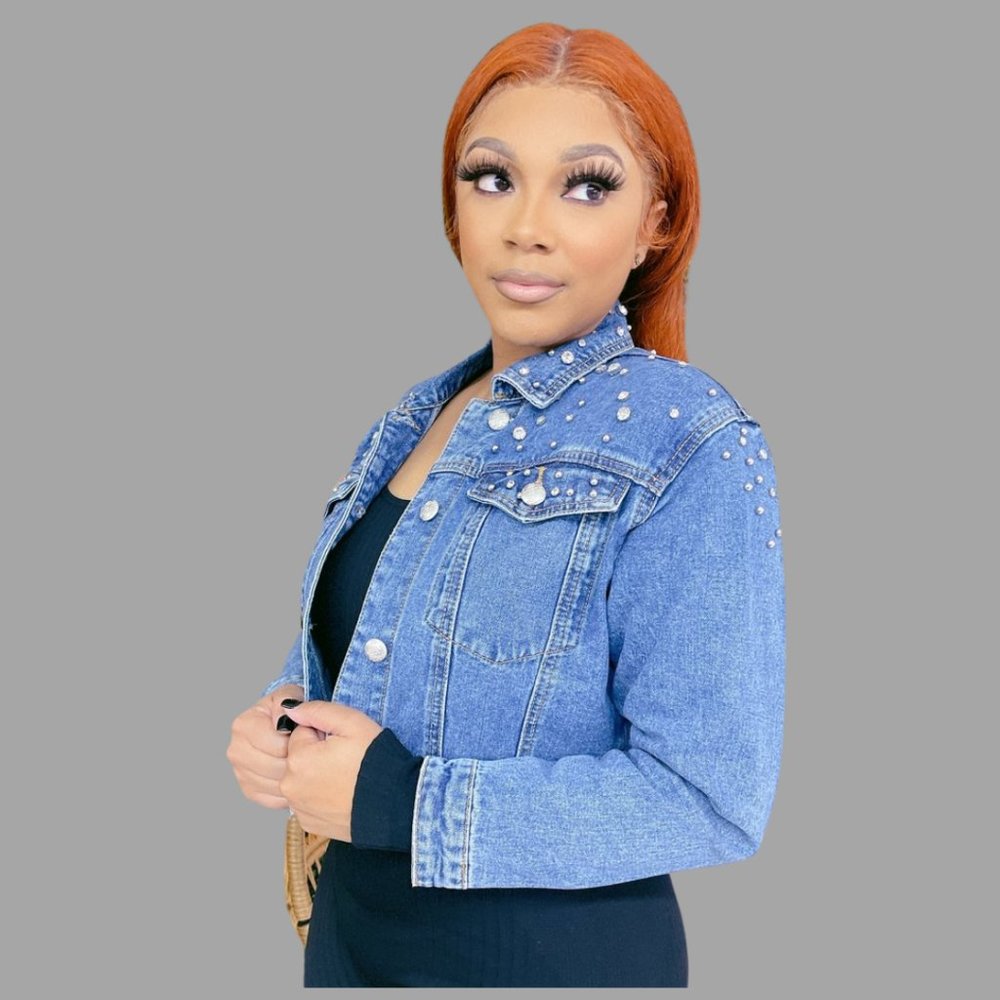 Silver Pearls and Beads Denim Crop Jacket